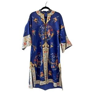 Antique Vintage Chinese Blue Silk Hand Embroidered Robe Scenes Floral Designs L